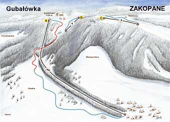 Закопане. Схема лыжных трасс горнолыжного комплекса Губалувка